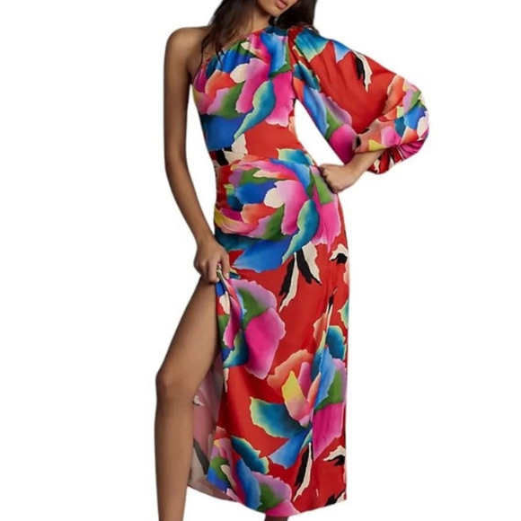 Farm Rio One Shoulder Multicolor Slim Floral Midi Dress Size Medium - Picture 1 of 9